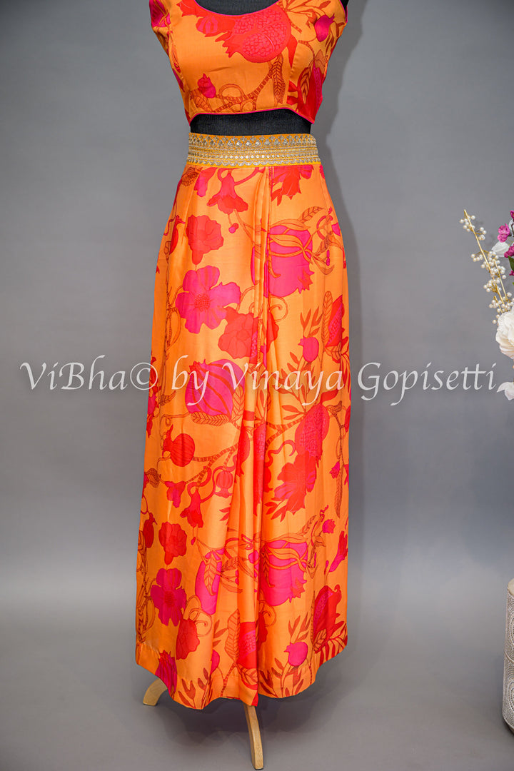 Tangerine And Coral Pink Floral Print Cowl Skirt With Detachable Cape