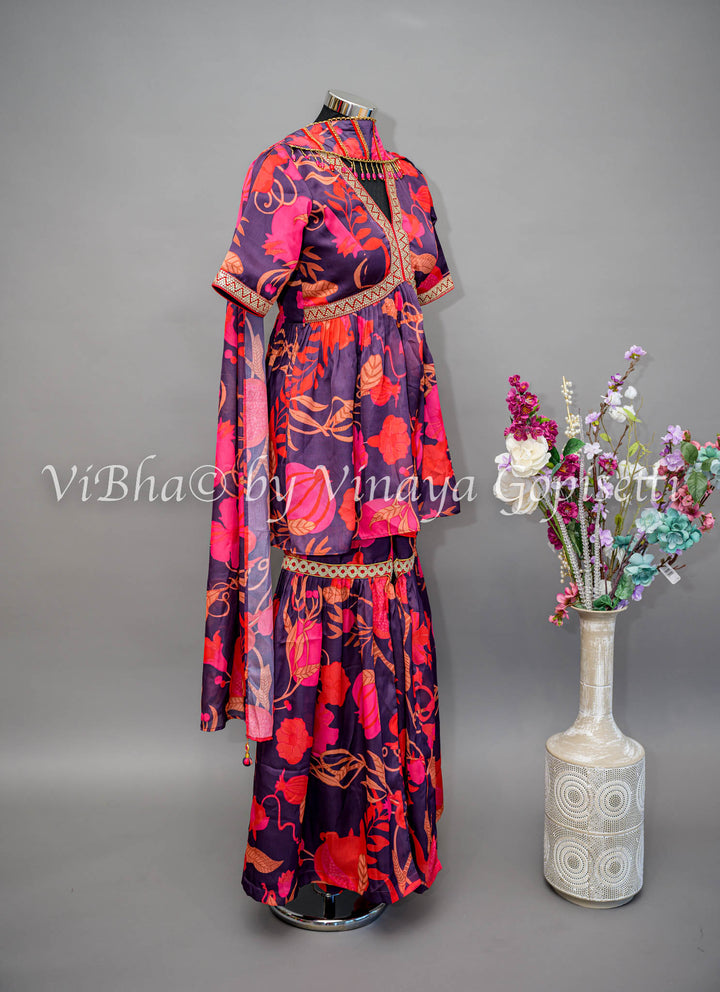 Midnight Blue Floral Print Sharara Set With Choker Dupatta.