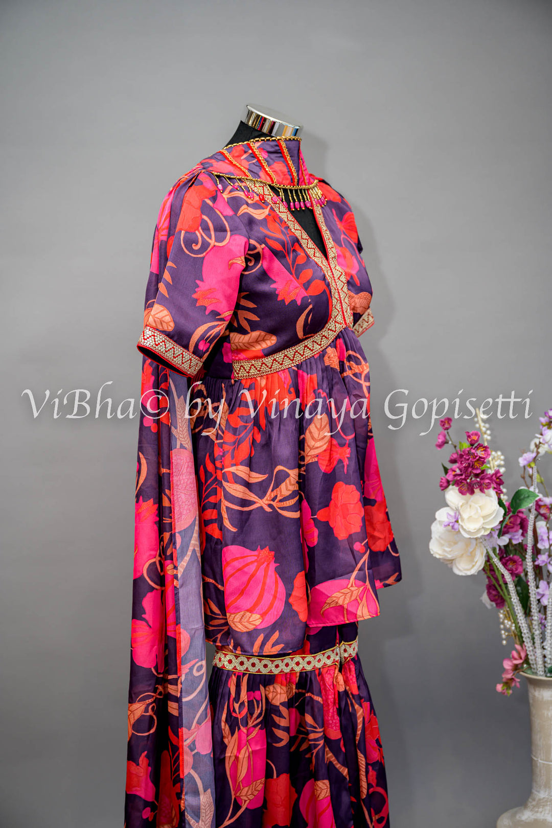 Midnight Blue Floral Print Sharara Set With Choker Dupatta.