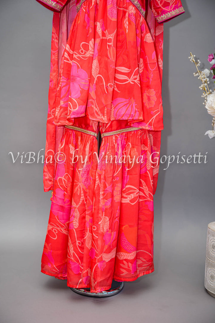 Coral And Pink Floral Print Sharara Set With Choker Dupatta