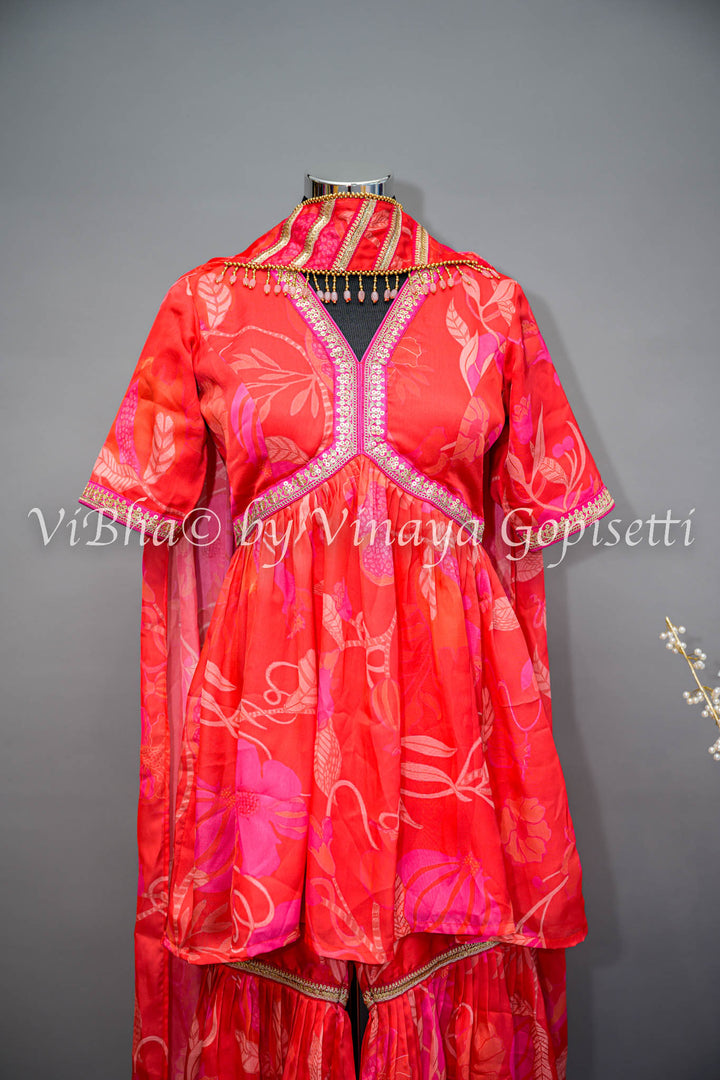 Coral And Pink Floral Print Sharara Set With Choker Dupatta