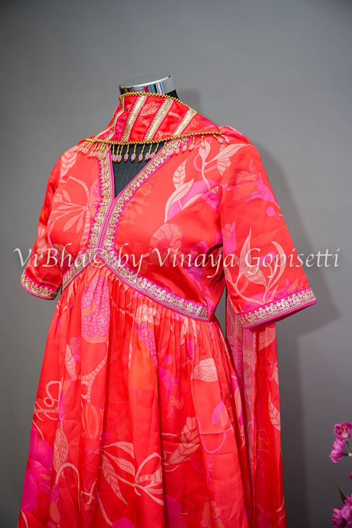 Coral And Pink Floral Print Sharara Set With Choker Dupatta