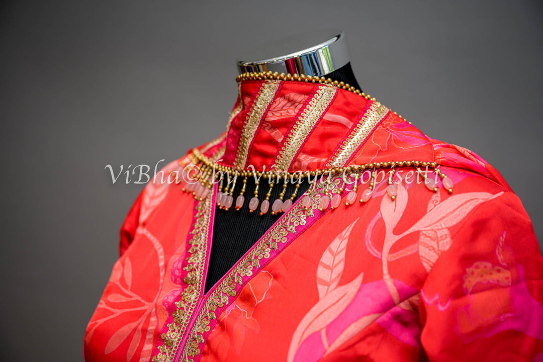 Coral And Pink Floral Print Sharara Set With Choker Dupatta