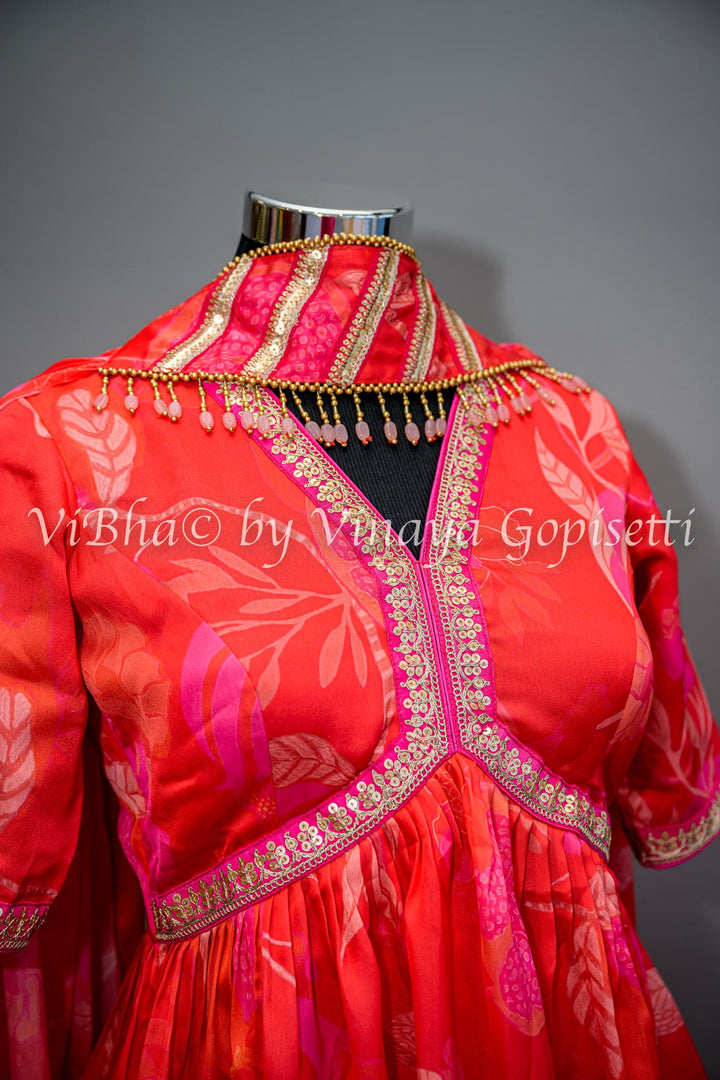 Coral And Pink Floral Print Sharara Set With Choker Dupatta