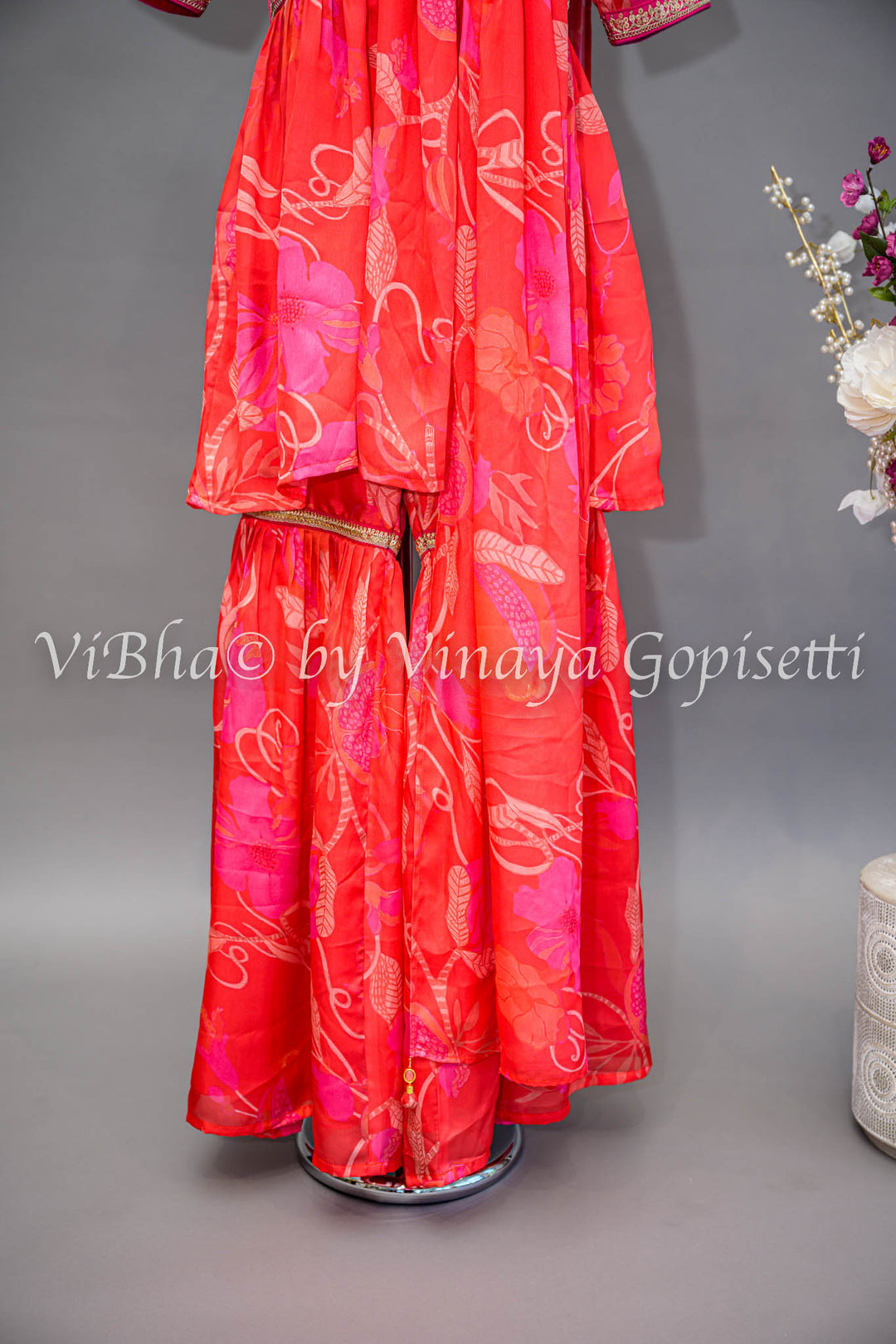 Coral And Pink Floral Print Sharara Set With Choker Dupatta