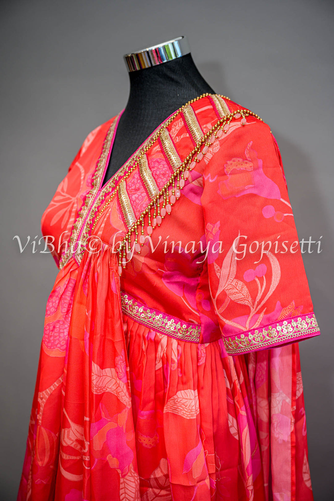 Coral And Pink Floral Print Sharara Set With Choker Dupatta