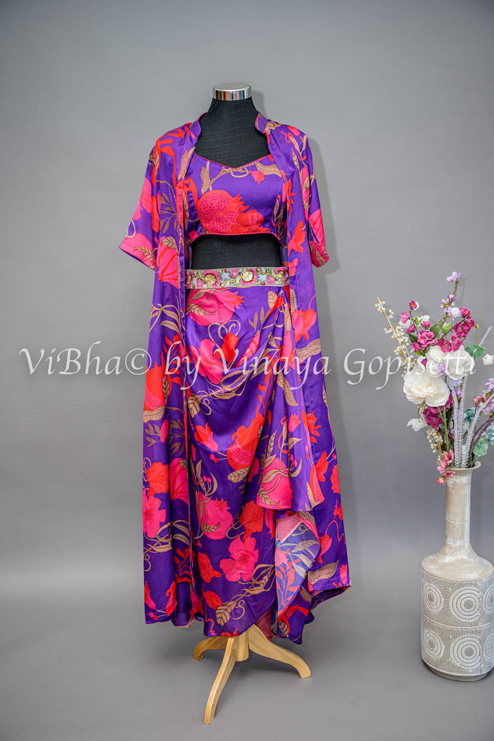 Purple And Pink Floral Print Cowl Skirt With Detachable Cape