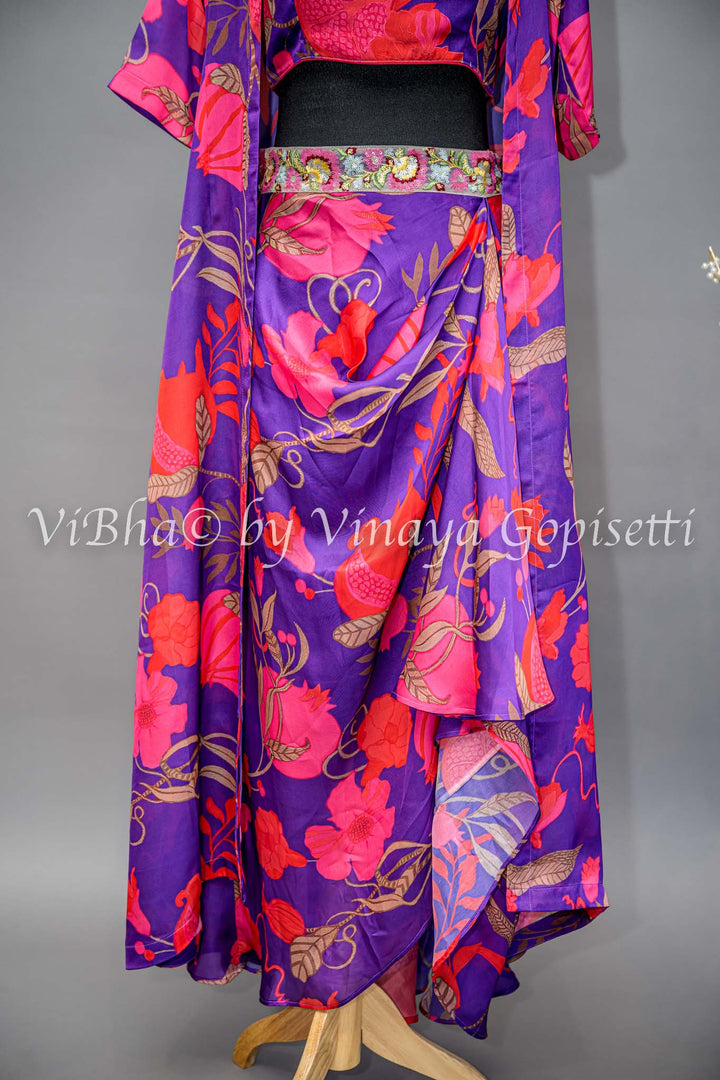 Purple And Pink Floral Print Cowl Skirt With Detachable Cape