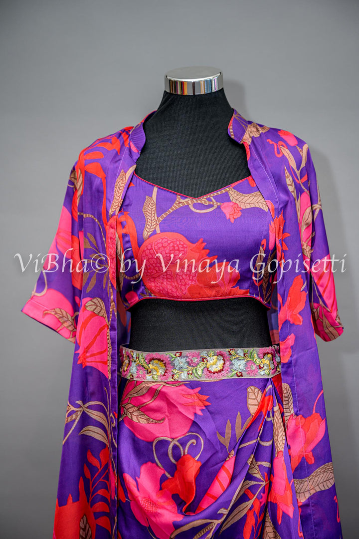 Purple And Pink Floral Print Cowl Skirt With Detachable Cape