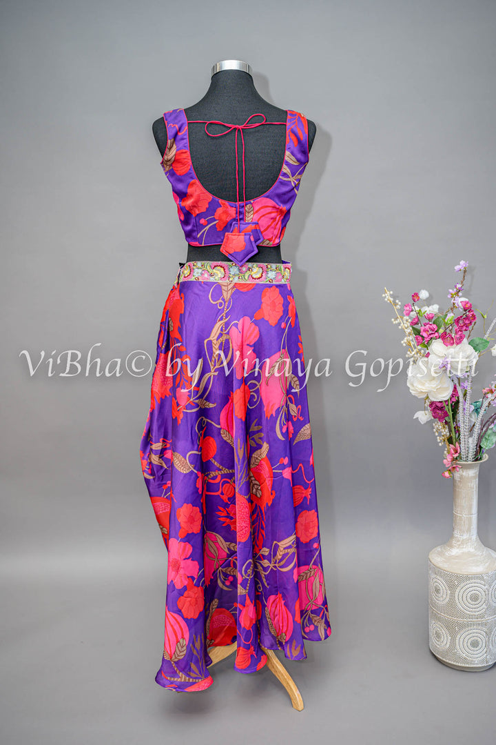 Purple And Pink Floral Print Cowl Skirt With Detachable Cape