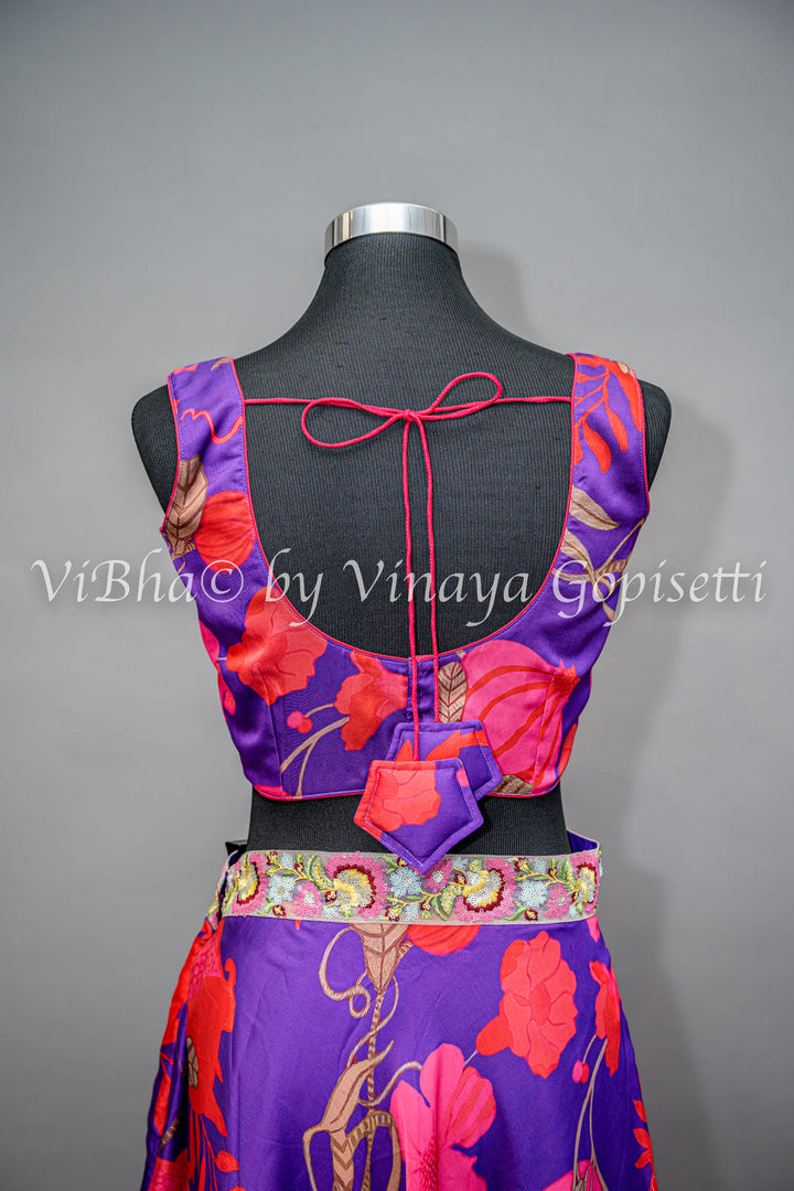 Purple And Pink Floral Print Cowl Skirt With Detachable Cape