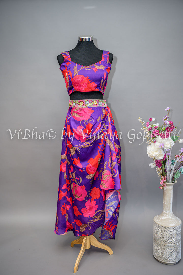 Purple And Pink Floral Print Cowl Skirt With Detachable Cape