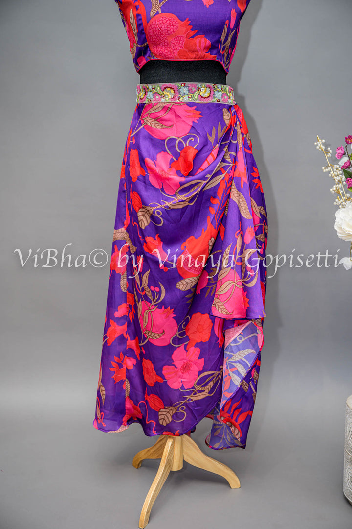 Purple And Pink Floral Print Cowl Skirt With Detachable Cape