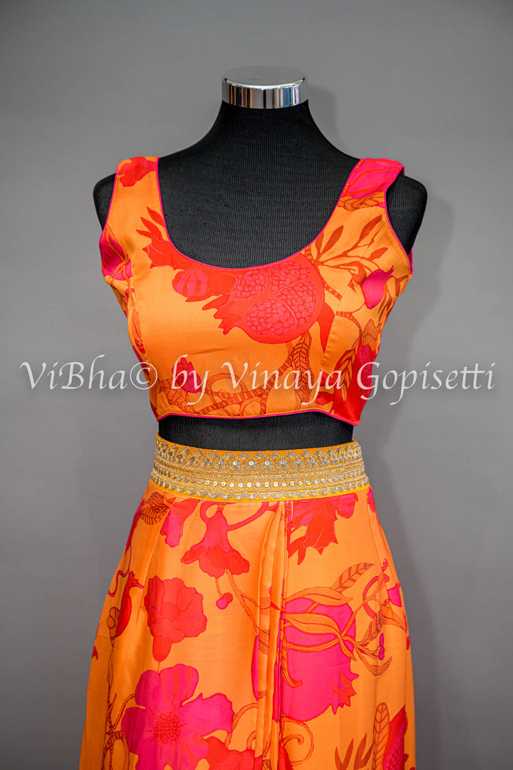 Tangerine And Coral Pink Floral Print Cowl Skirt With Detachable Cape