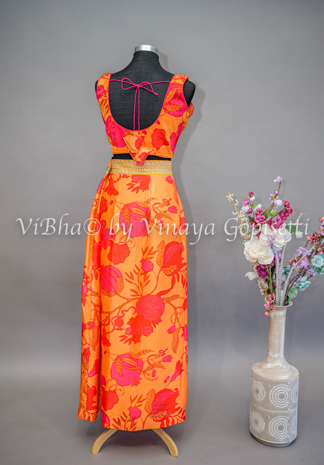 Tangerine And Coral Pink Floral Print Cowl Skirt With Detachable Cape