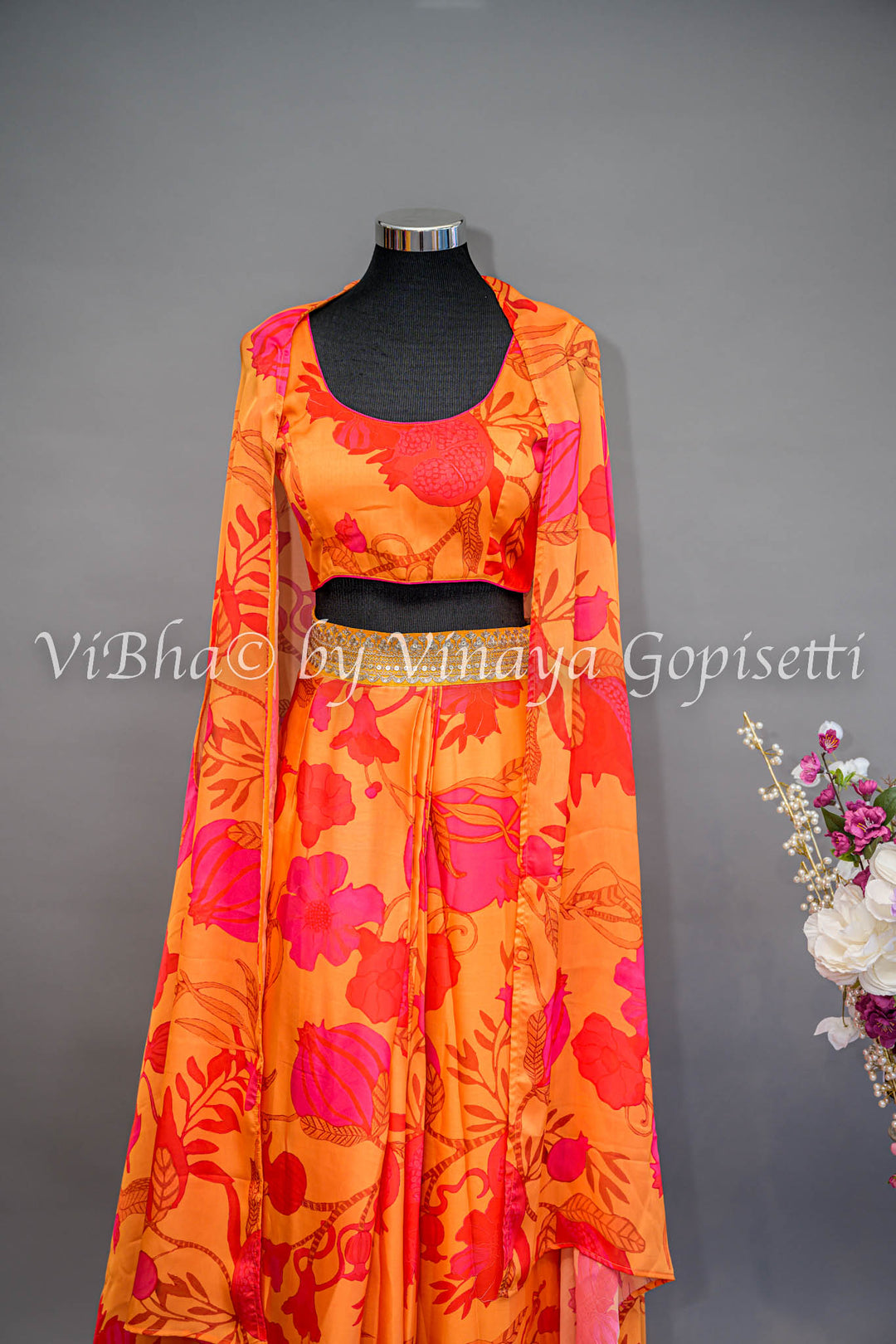 Tangerine And Coral Pink Floral Print Cowl Skirt With Detachable Cape