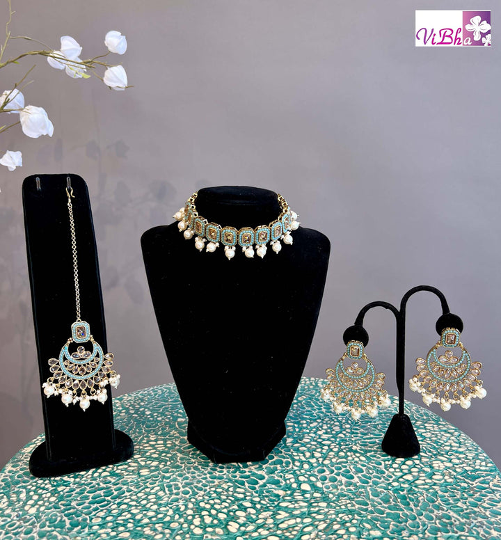 Blue Stone and Pearl Necklace Set with Maang Tika