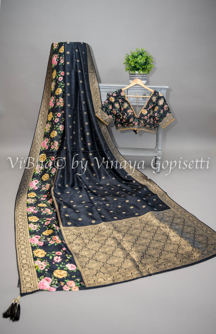 Black Banarasi Silk Saree With Floral Borders and Blouse