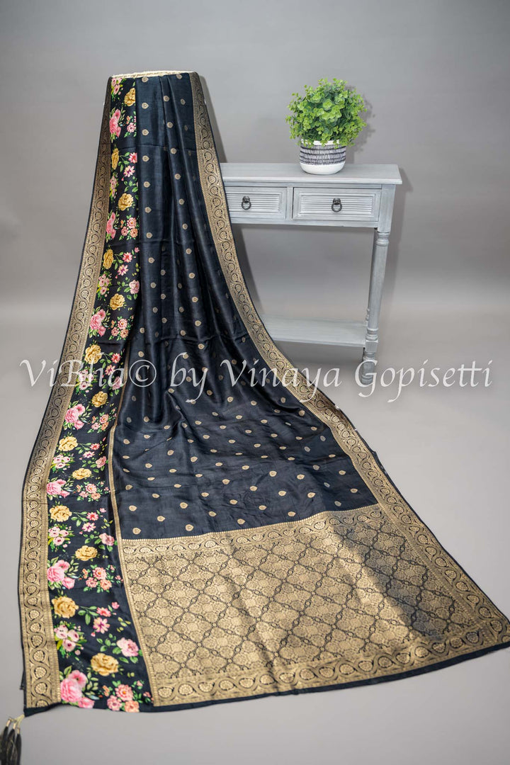 Black Banarasi Silk Saree With Floral Borders and Blouse