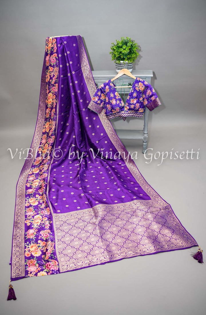 Purple Banarasi Silk Saree With Floral Borders and Blouse