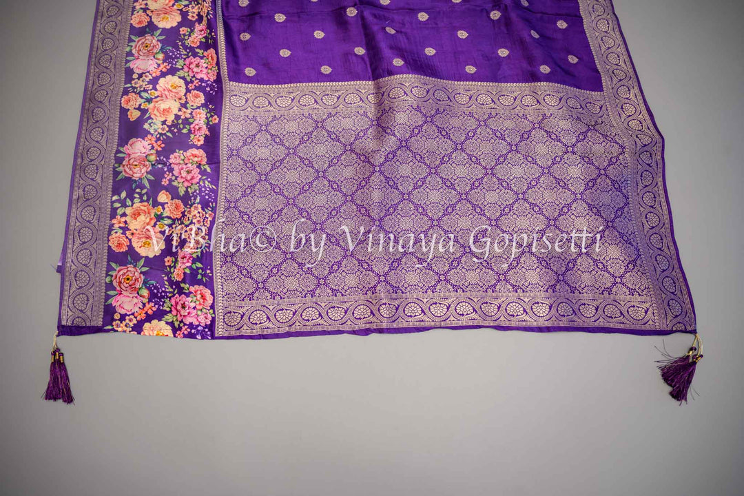 Purple Banarasi Silk Saree With Floral Borders and Blouse