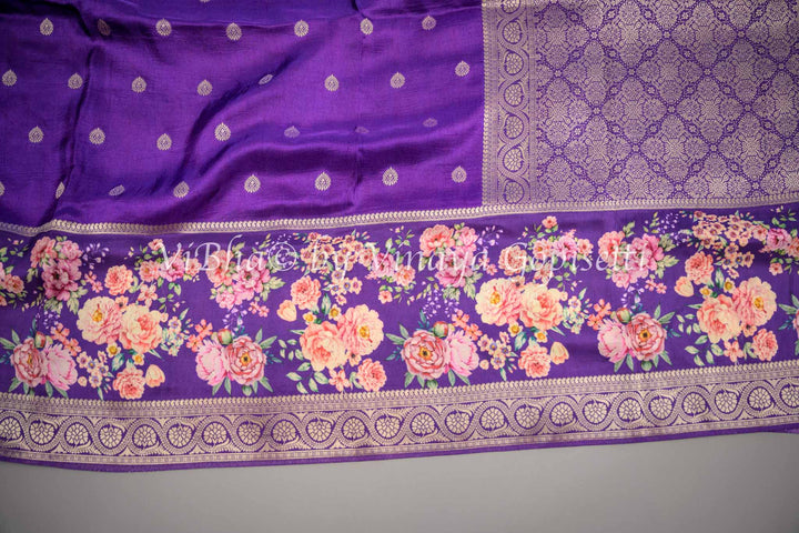 Purple Banarasi Silk Saree With Floral Borders and Blouse