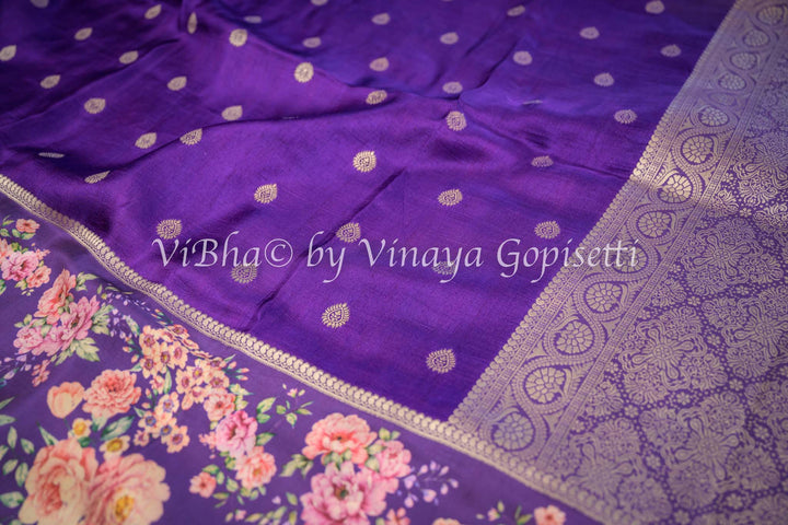 Purple Banarasi Silk Saree With Floral Borders and Blouse