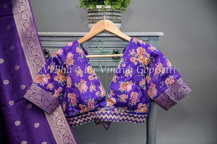 Purple Banarasi Silk Saree With Floral Borders and Blouse