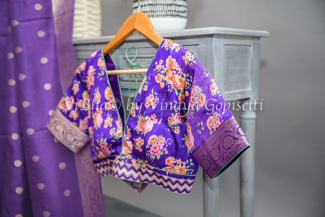 Purple Banarasi Silk Saree With Floral Borders and Blouse