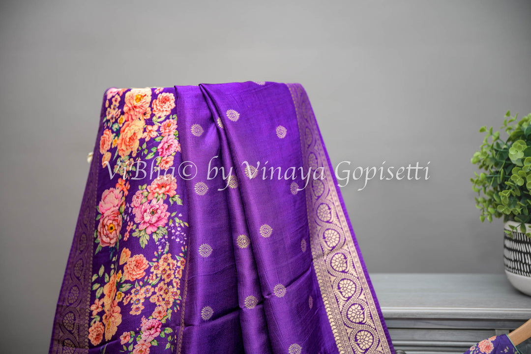 Purple Banarasi Silk Saree With Floral Borders and Blouse