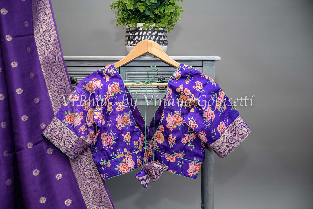 Purple Banarasi Silk Saree With Floral Borders and Blouse