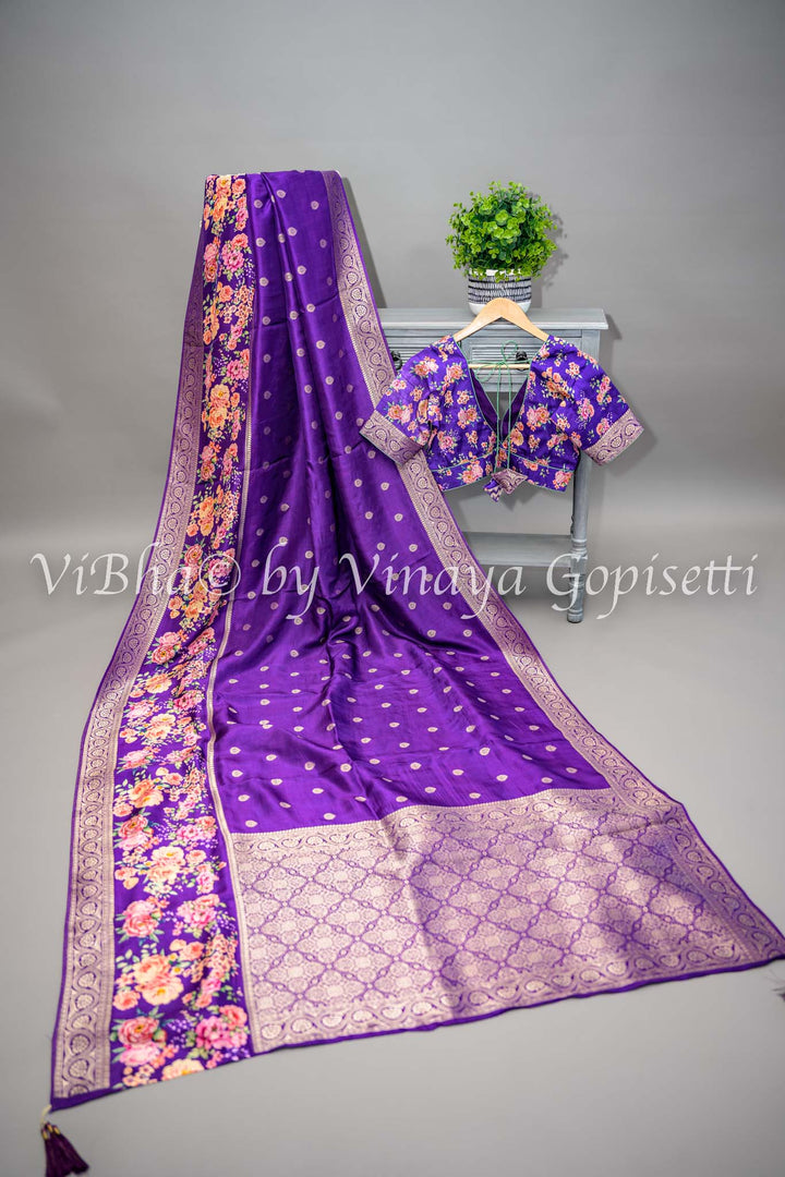 Purple Banarasi Silk Saree With Floral Borders and Blouse