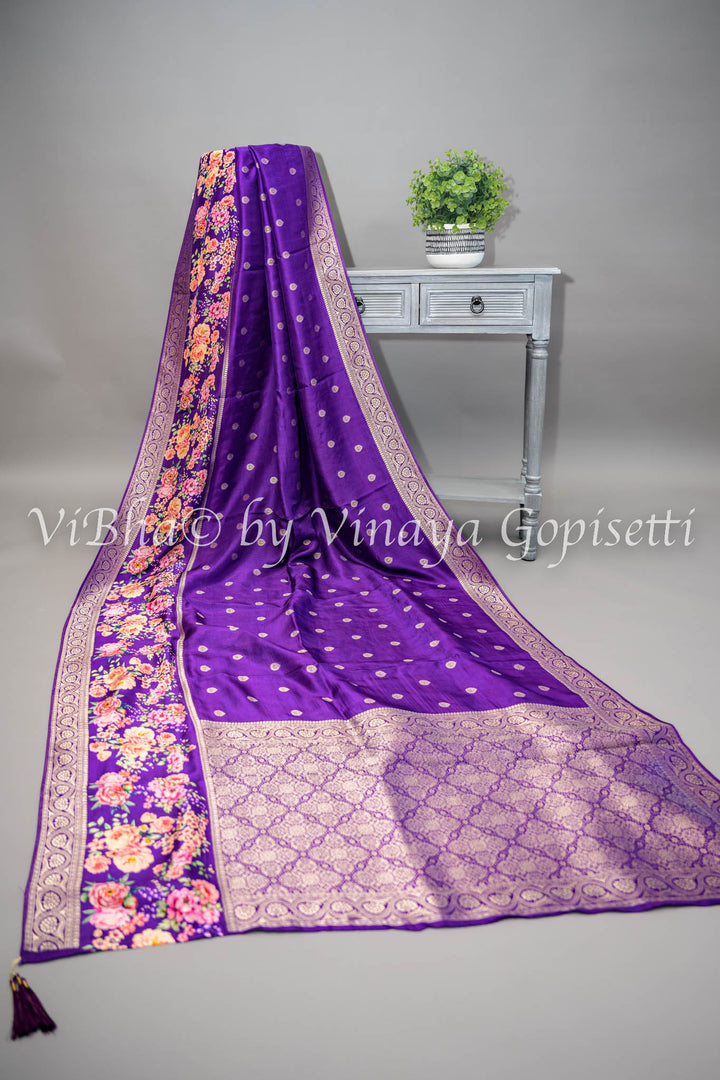 Purple Banarasi Silk Saree With Floral Borders and Blouse