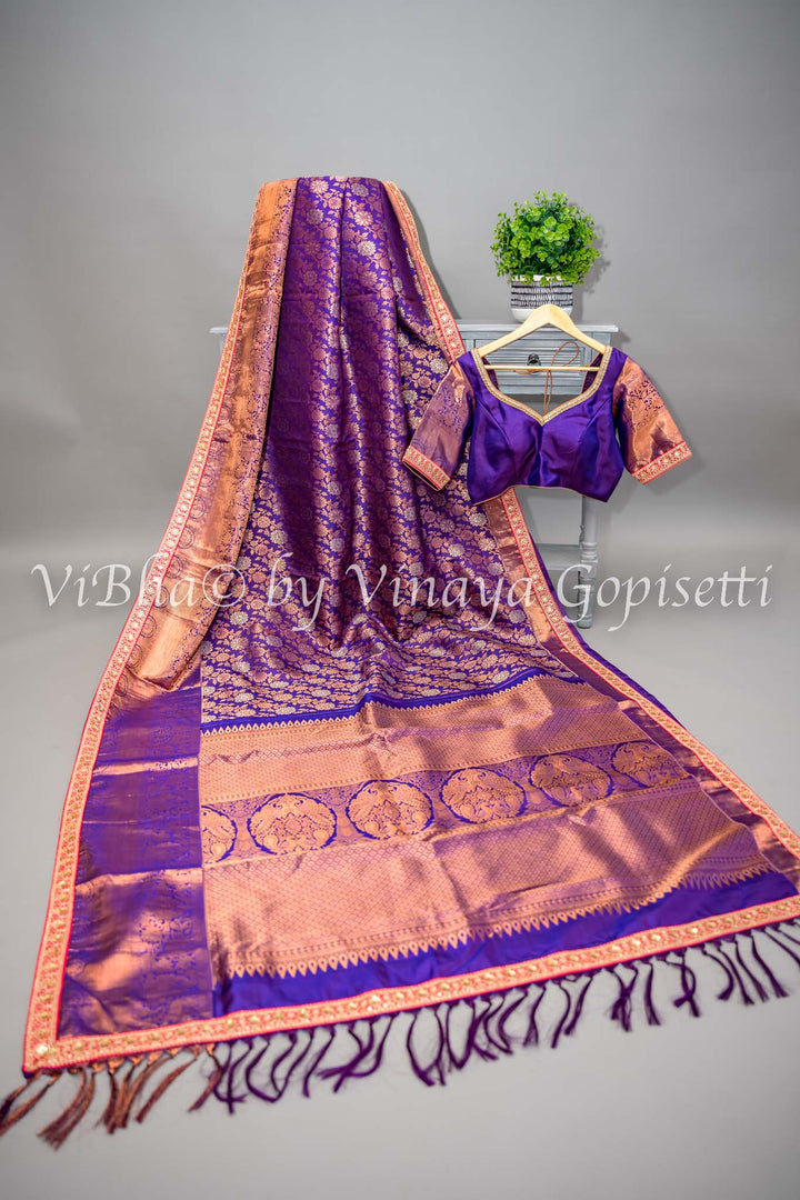 Purple Kanchi Silk Copper Zari Saree And Blouse