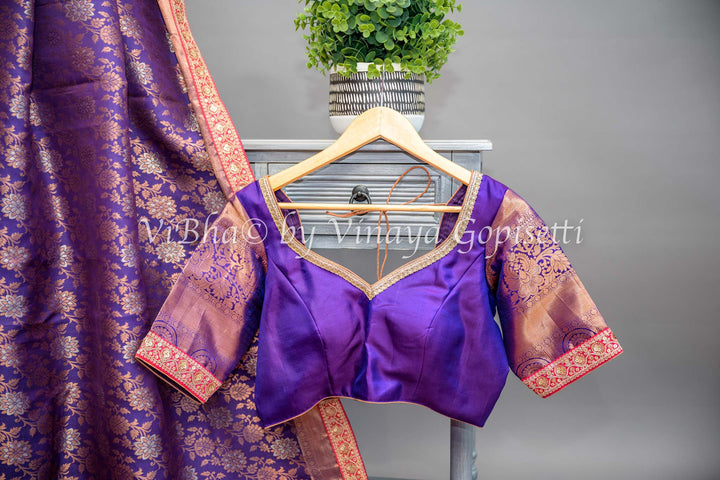 Purple Kanchi Silk Copper Zari Saree And Blouse