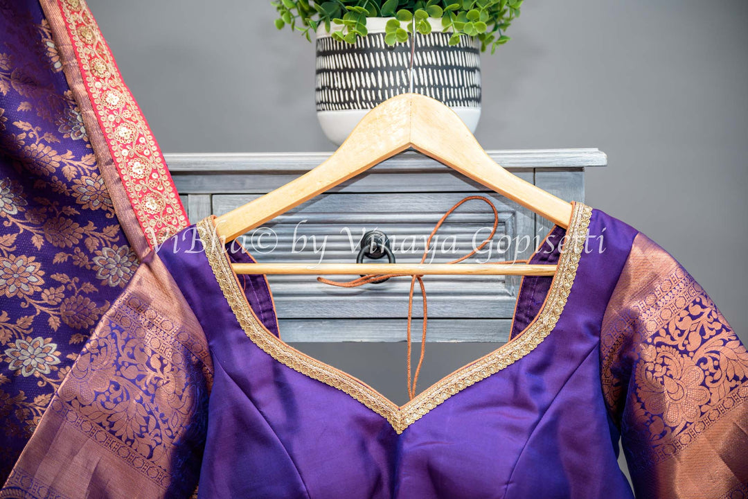 Purple Kanchi Silk Copper Zari Saree And Blouse