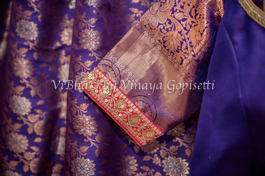 Purple Kanchi Silk Copper Zari Saree And Blouse