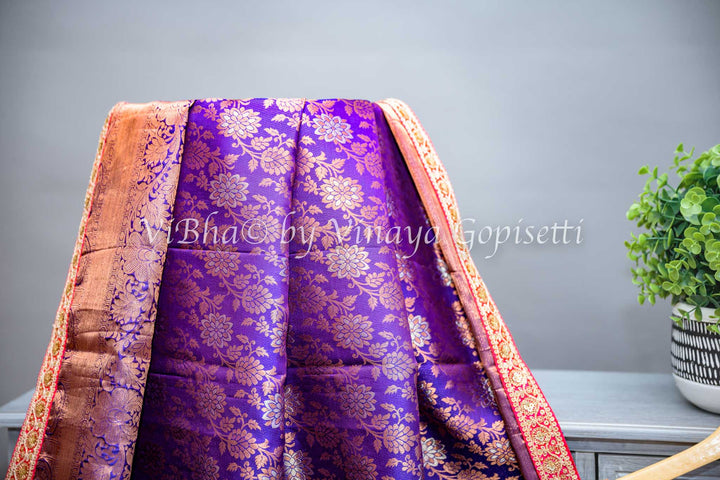 Purple Kanchi Silk Copper Zari Saree And Blouse