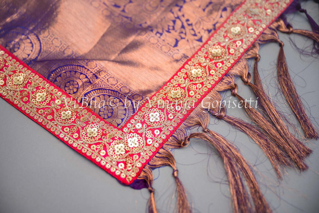 Purple Kanchi Silk Copper Zari Saree And Blouse