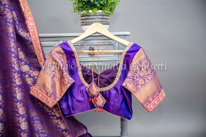 Purple Kanchi Silk Copper Zari Saree And Blouse