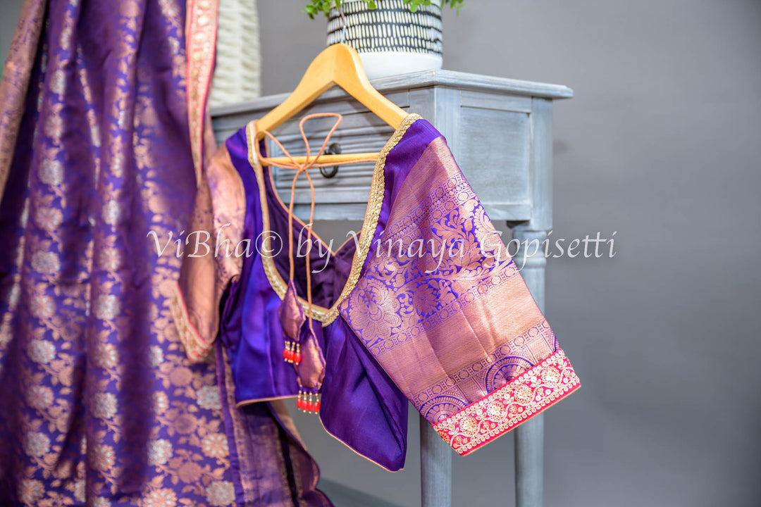 Purple Kanchi Silk Copper Zari Saree And Blouse