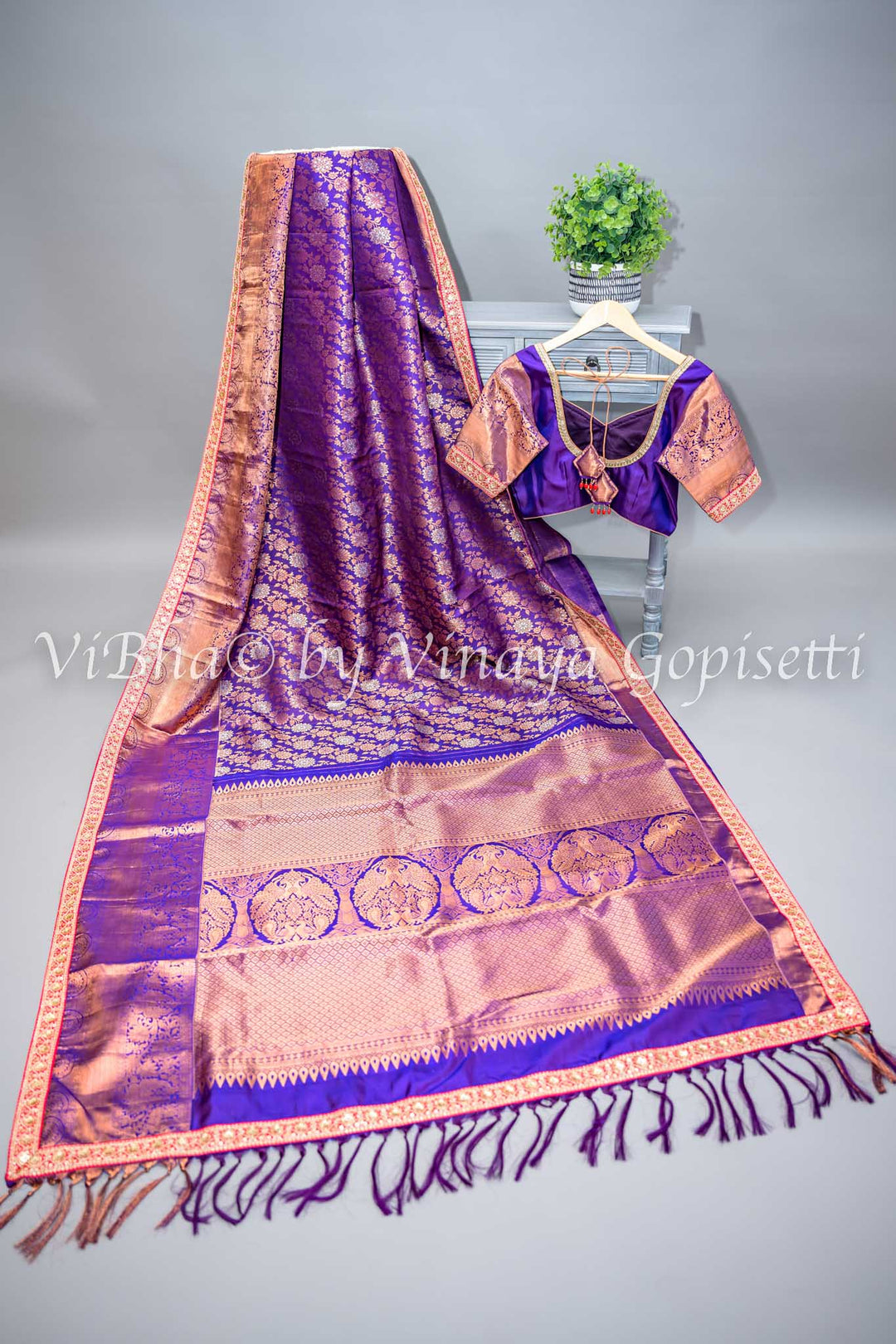 Purple Kanchi Silk Copper Zari Saree And Blouse