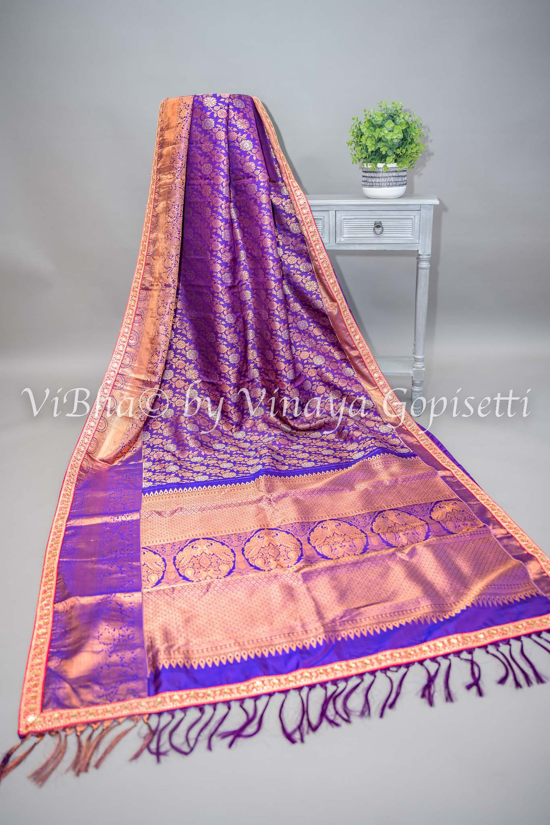 Purple Kanchi Silk Copper Zari Saree And Blouse