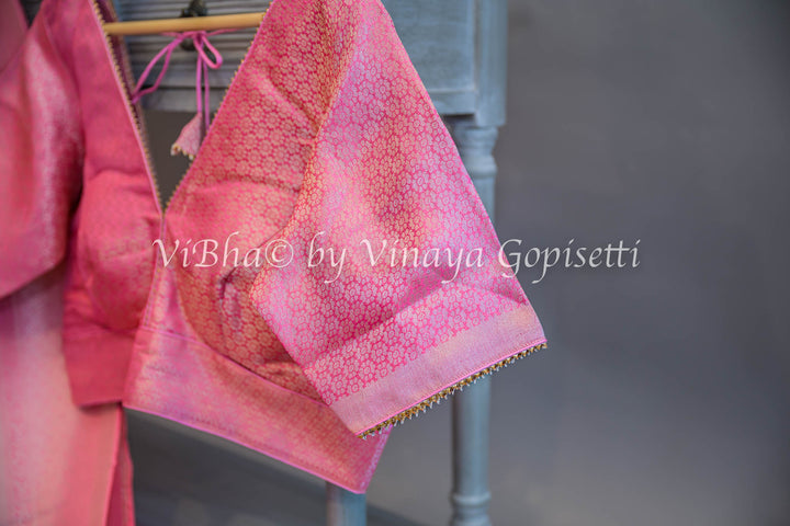 Pastel Pink Tissue Banarasi Silk Saree and Blouse