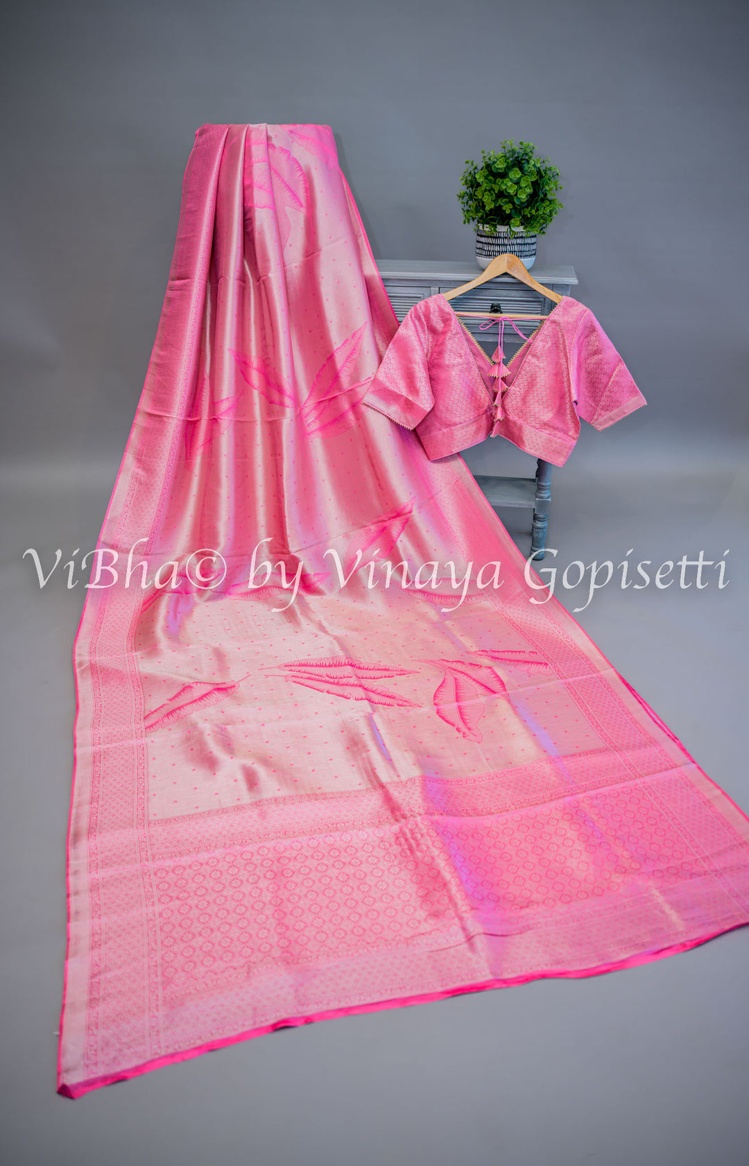 Pastel Pink Tissue Banarasi Silk Saree and Blouse