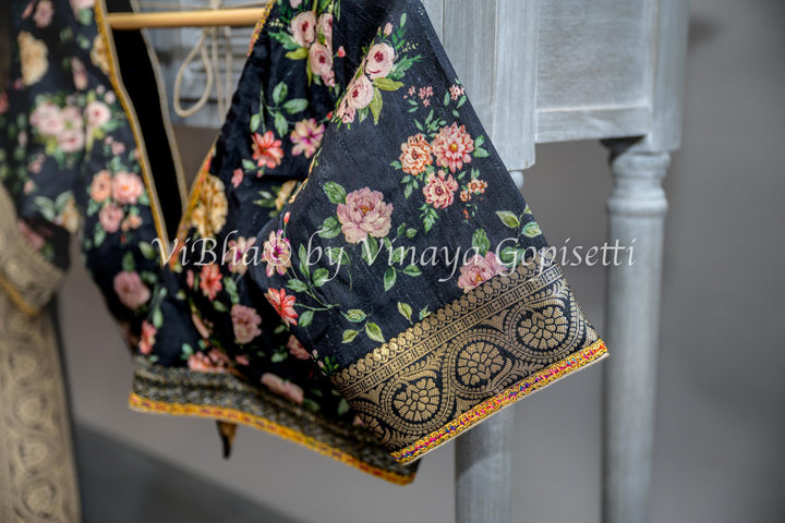 Black Banarasi Silk Saree With Floral Borders and Blouse