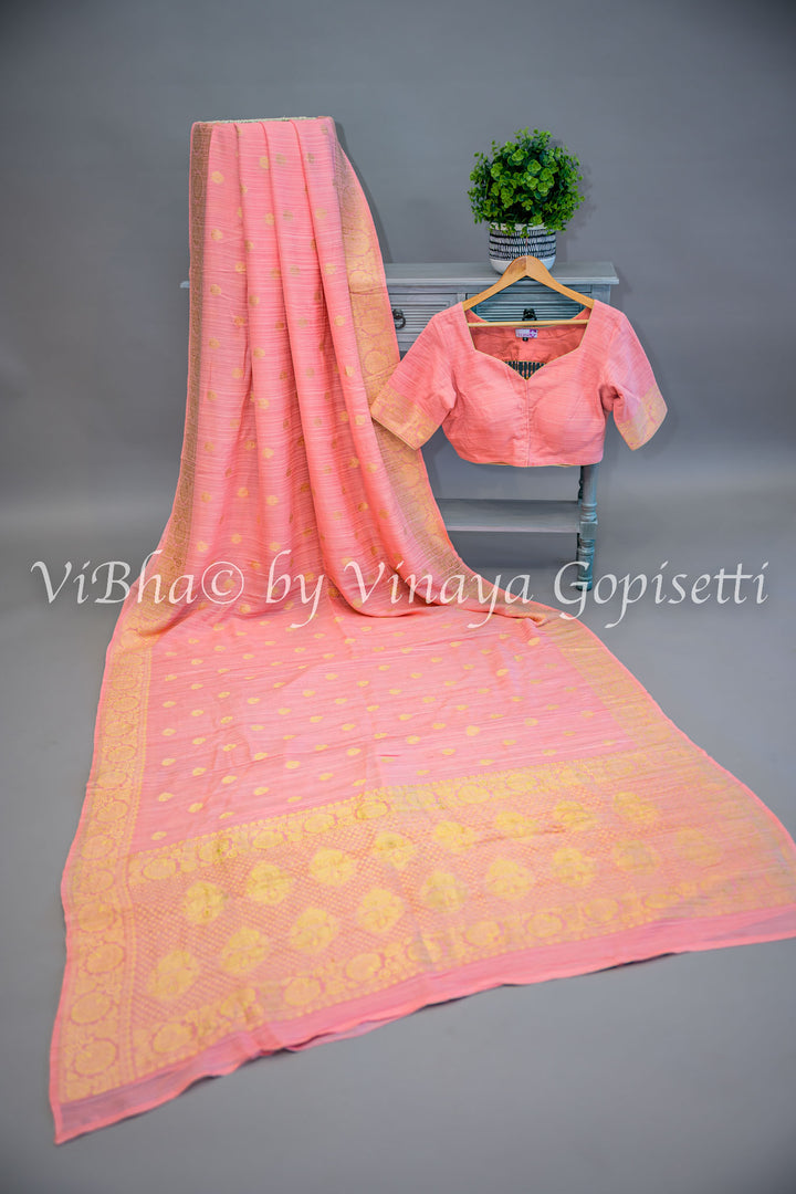 Peach Banarasi Silk Saree and Blouse