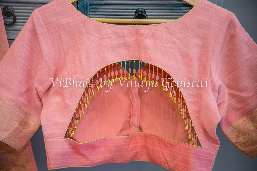 Peach Banarasi Silk Saree and Blouse