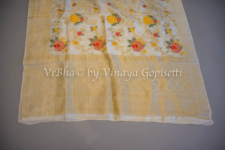 Off White Banarasi Katan Silk Saree And Blouse With Floral Motifs