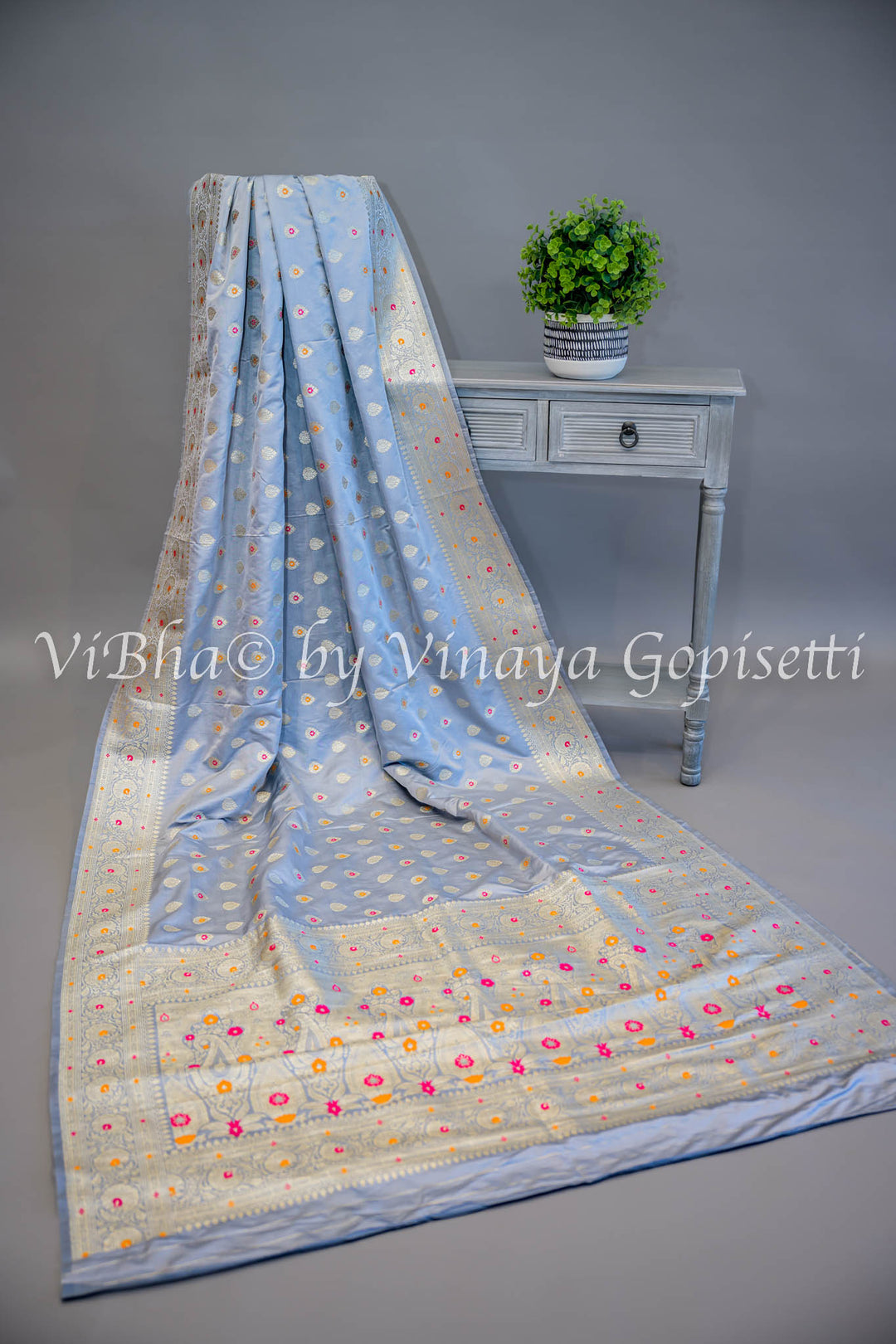 Grey Banarasi Katan Silk Saree And Blouse With Meenakari Work